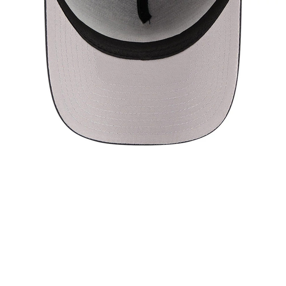 New Era Jack O Lantern Black 9FORTY A-Frame Adjustable Cap, inside view showing a grey undervisor, black interior taping, and a matching black sweatband, displaying precision stitching along the curved visor edge.