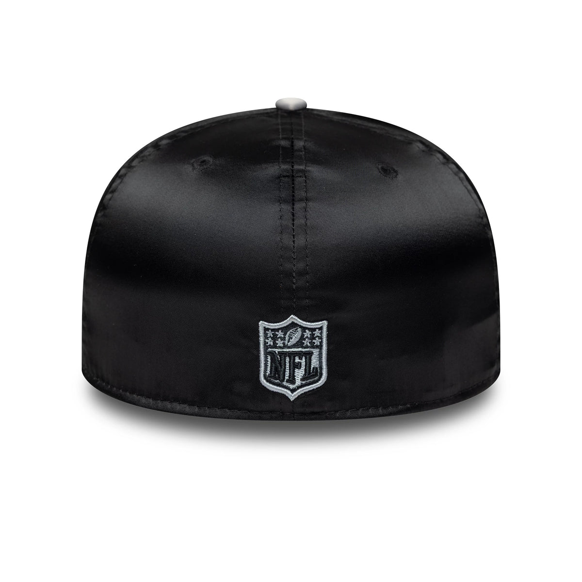 LA Raiders NFL Satin Black & Grey New Era 59FIFTY Fitted Cap, rear view showing the grey embroidered NFL shield logo centred on the black satin back panels, with a texture and a matching black top button.