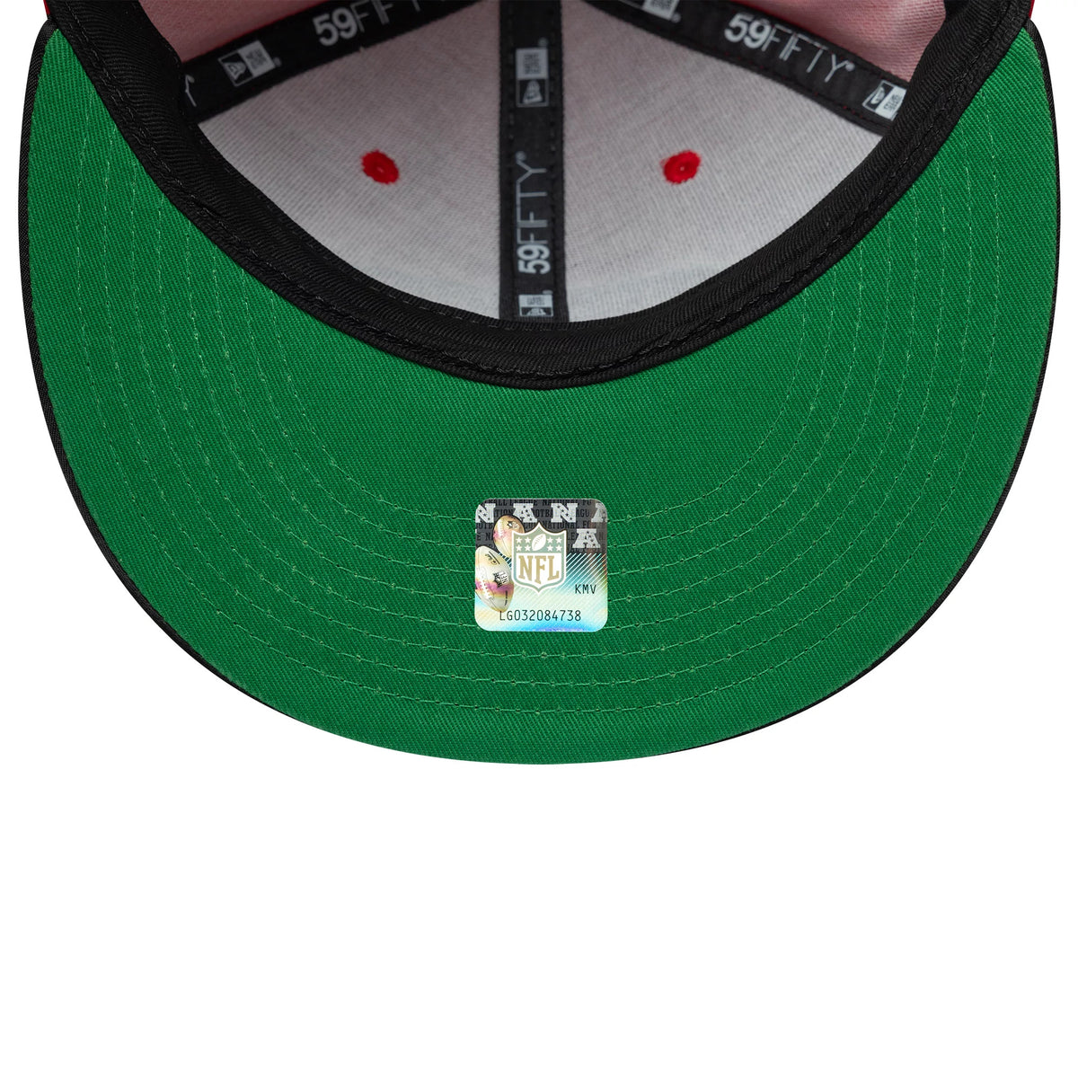 San Francisco 49ers NFL Satin Red & Black New Era 59FIFTY Fitted Cap, inside view showing the green undervisor with an NFL sticker, red eyelets on the white inner panels, and black taping with 59FIFTY branding.