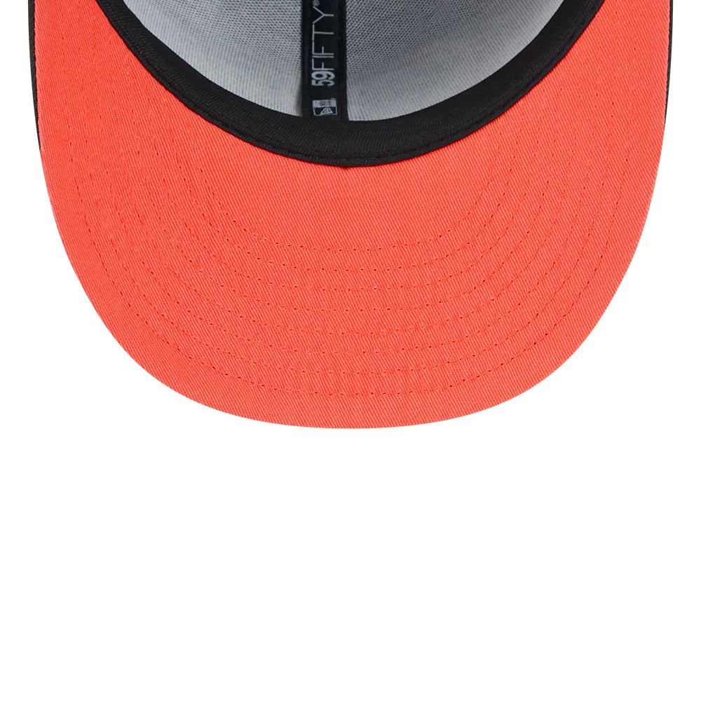 Chicago White Sox MLB Pumpkin Patch Black New Era 59FIFTY Fitted Cap, inside view showing the orange undervisor, with grey crown fabric and a black sweatband featuring 59FIFTY taping running along the interior seams.