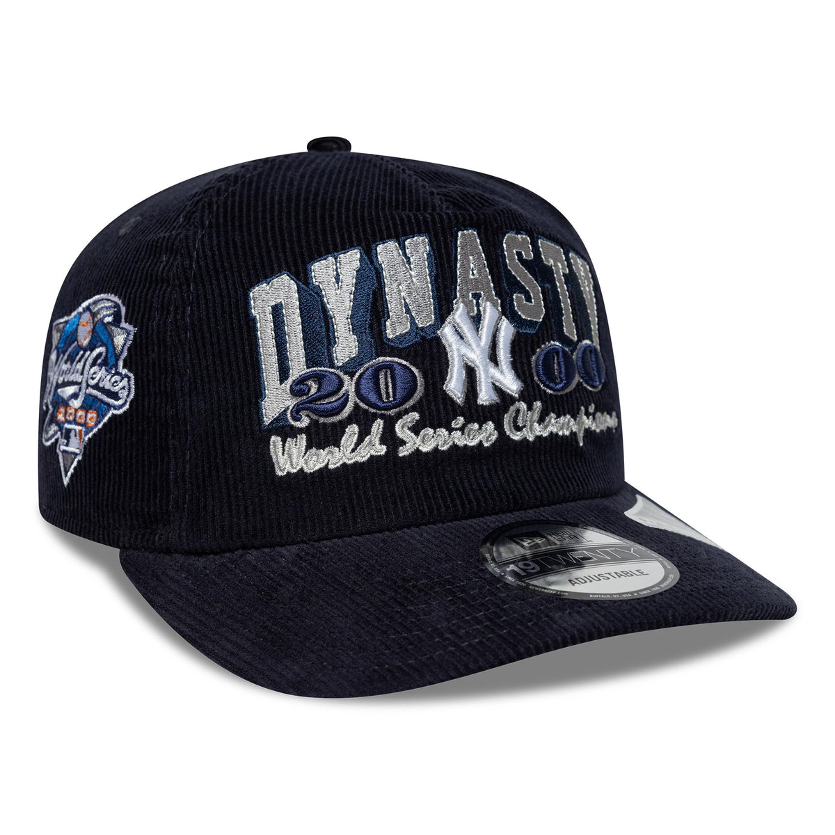 New York Yankees MLB Retro Dynasty Cord Navy New Era 19TWENTY Adjustable Cap, three-quarter view showing a embroidered DYNASTY and World Series Champions 26 lettering, with a raised Yankees logo on the front panel.