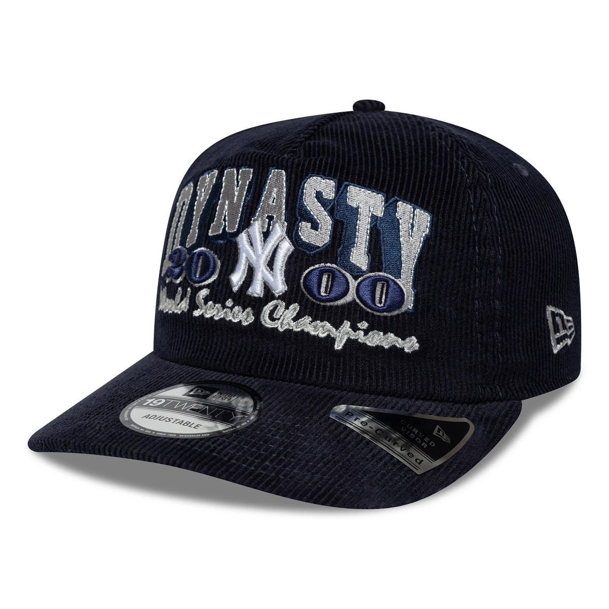 New York Yankees MLB Retro Dynasty Cord Navy New Era 19TWENTY Adjustable Cap, front view showing white and blue embroidered Dynasty 2000 lettering and the NY logo on the front panel, a dark navy corduroy visor, and the 19TWENTY size sticker.