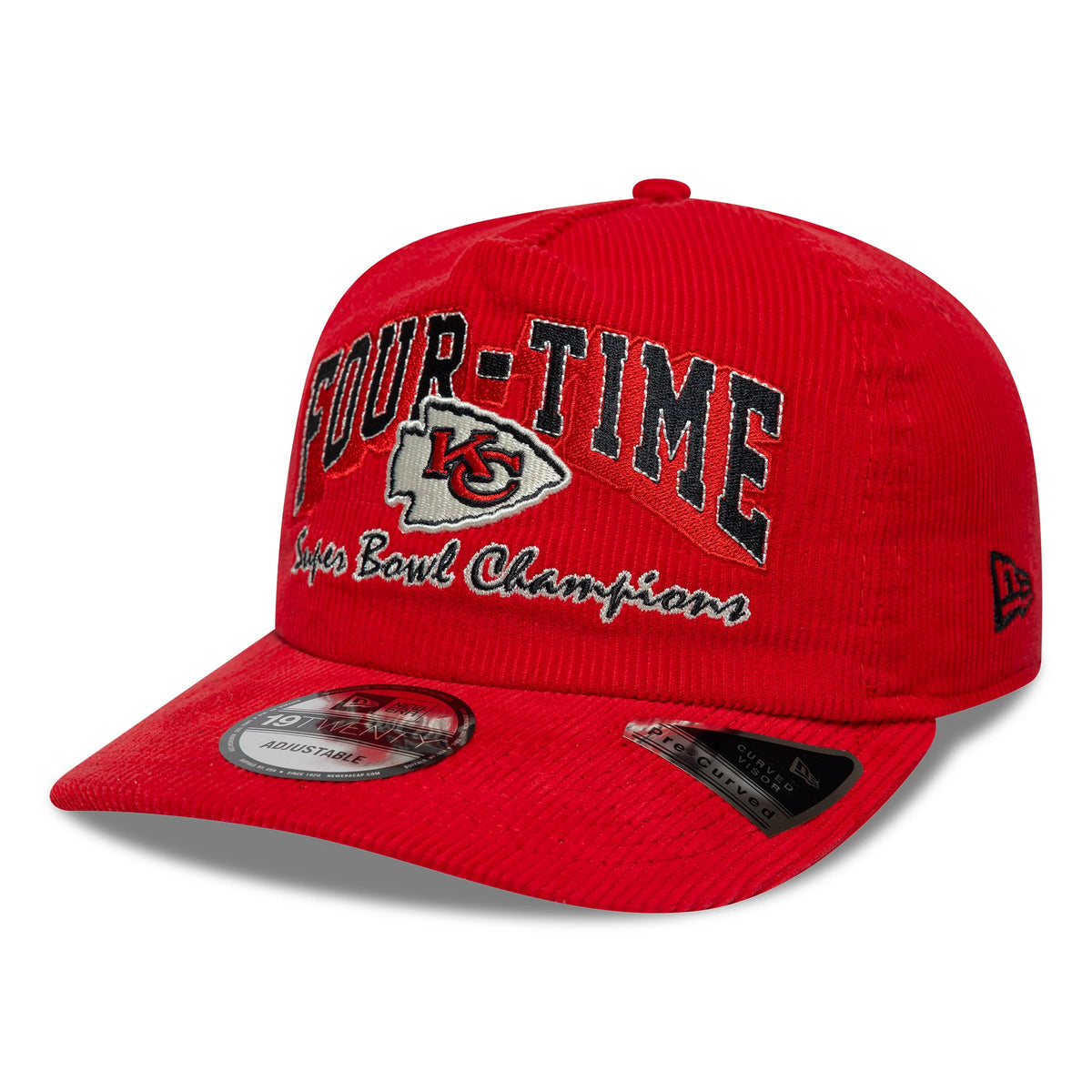 Kansas City Chiefs NFL Retro Dynasty Cord Red New Era 19TWENTY Adjustable Cap, front view showing the Four-Time Super Bowl Champions text and KC Chiefs logo embroidered on the red curved visor, with a 19TWENTY size sticker.