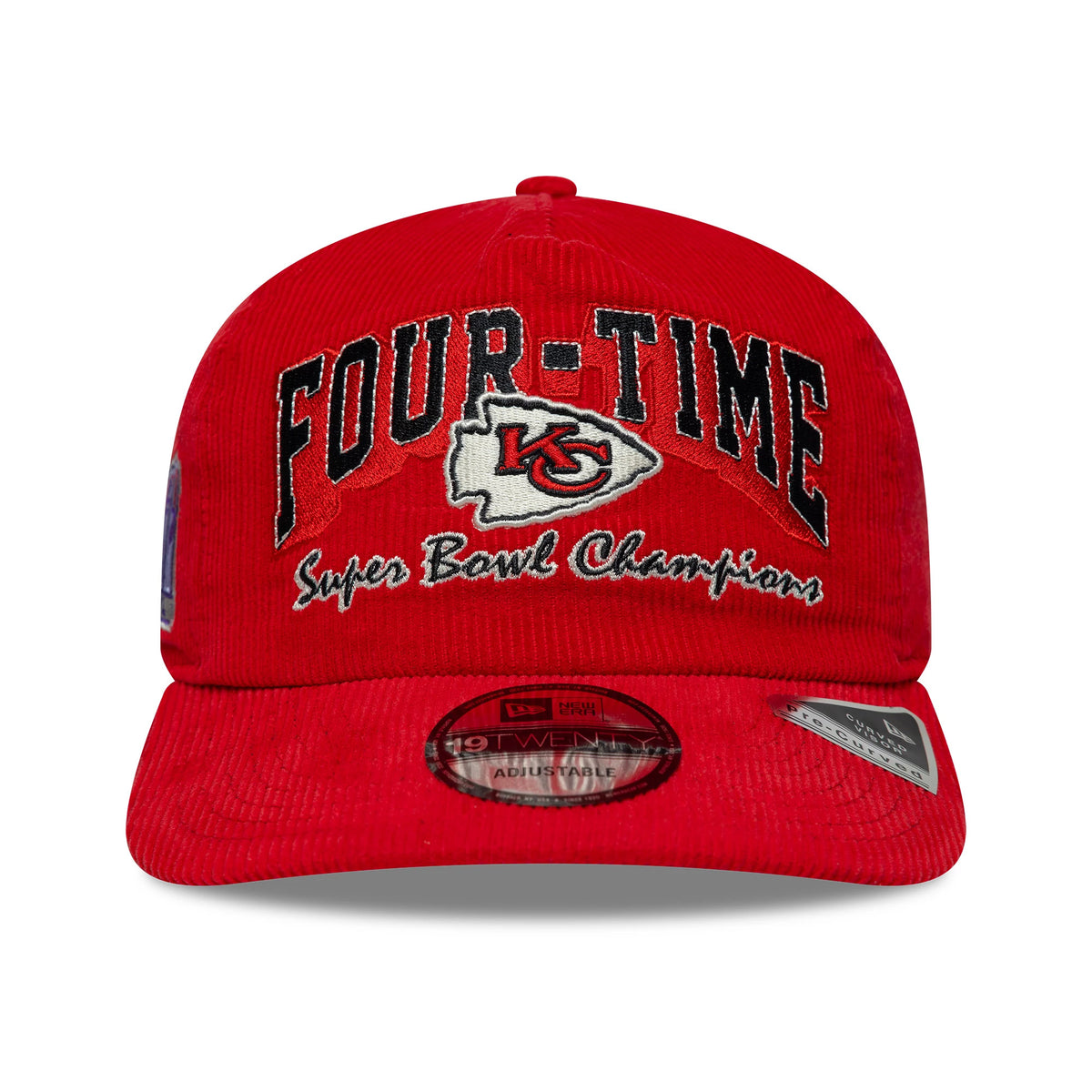 Kansas City Chiefs NFL Retro Dynasty Cord Red New Era 19TWENTY Adjustable Cap, front view showing raised black and white Four-Time Super Bowl Champions embroidery, team arrowhead logo, red corduroy design, and 19TWENTY size sticker on the visor.