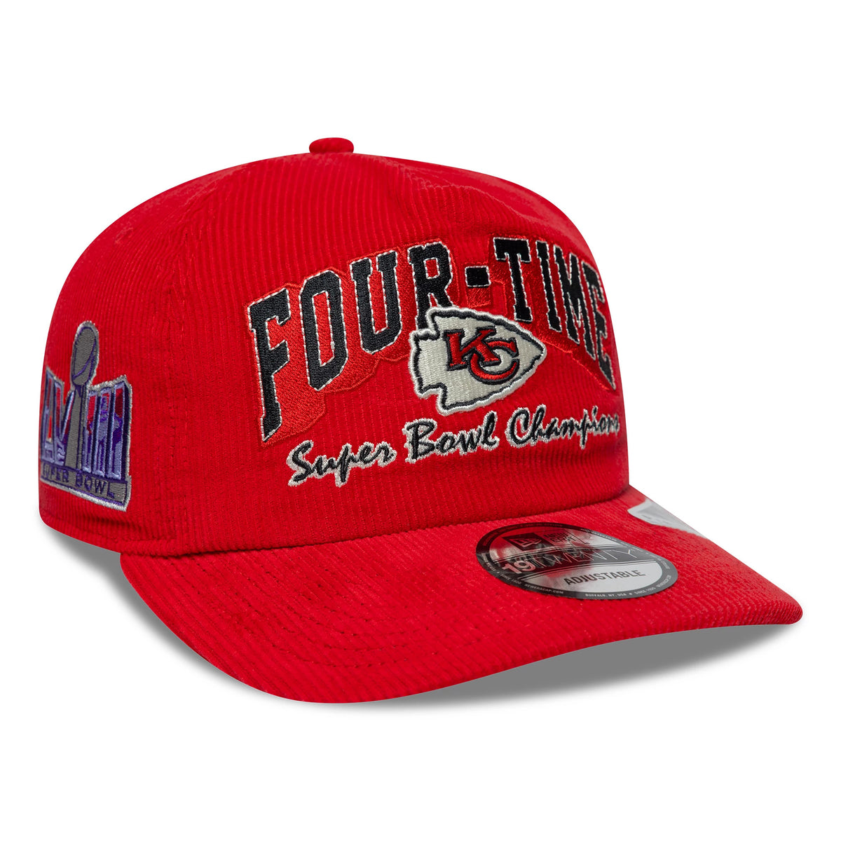 Kansas City Chiefs NFL Retro Dynasty Cord Red New Era 19TWENTY Adjustable Cap, front view showing raised black embroidered FOUR-TIME lettering above the Kansas City Chiefs logo, with a Super Bowl Champions script.