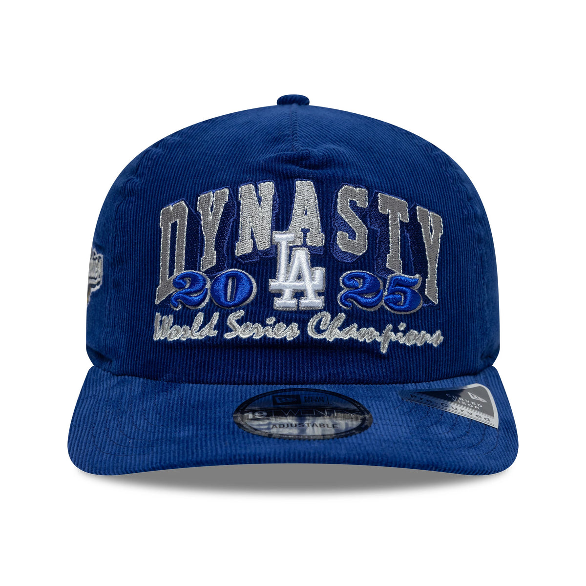 LA Dodgers MLB Retro Dynasty Cord Dark Blue New Era 19TWENTY Adjustable Cap, front view showing raised embroidery of DYNASTY and 2025 World Series Champions in grey and white, with the LA logo in the centre and a 19TWENTY size sticker on the visor.