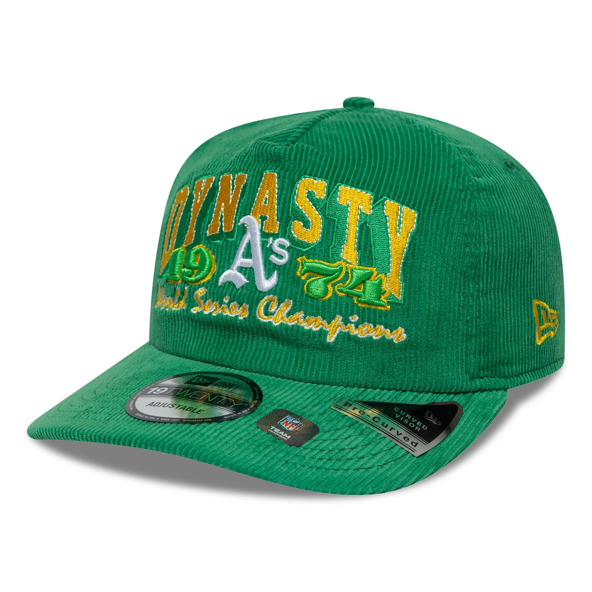 Athletics MLB Retro Dynasty Cord Green New Era 19TWENTY Adjustable Cap, front view showing raised yellow and white Dynasty and A's embroidered lettering on the green corduroy crown, with a black 19TWENTY size sticker on the matching green visor.