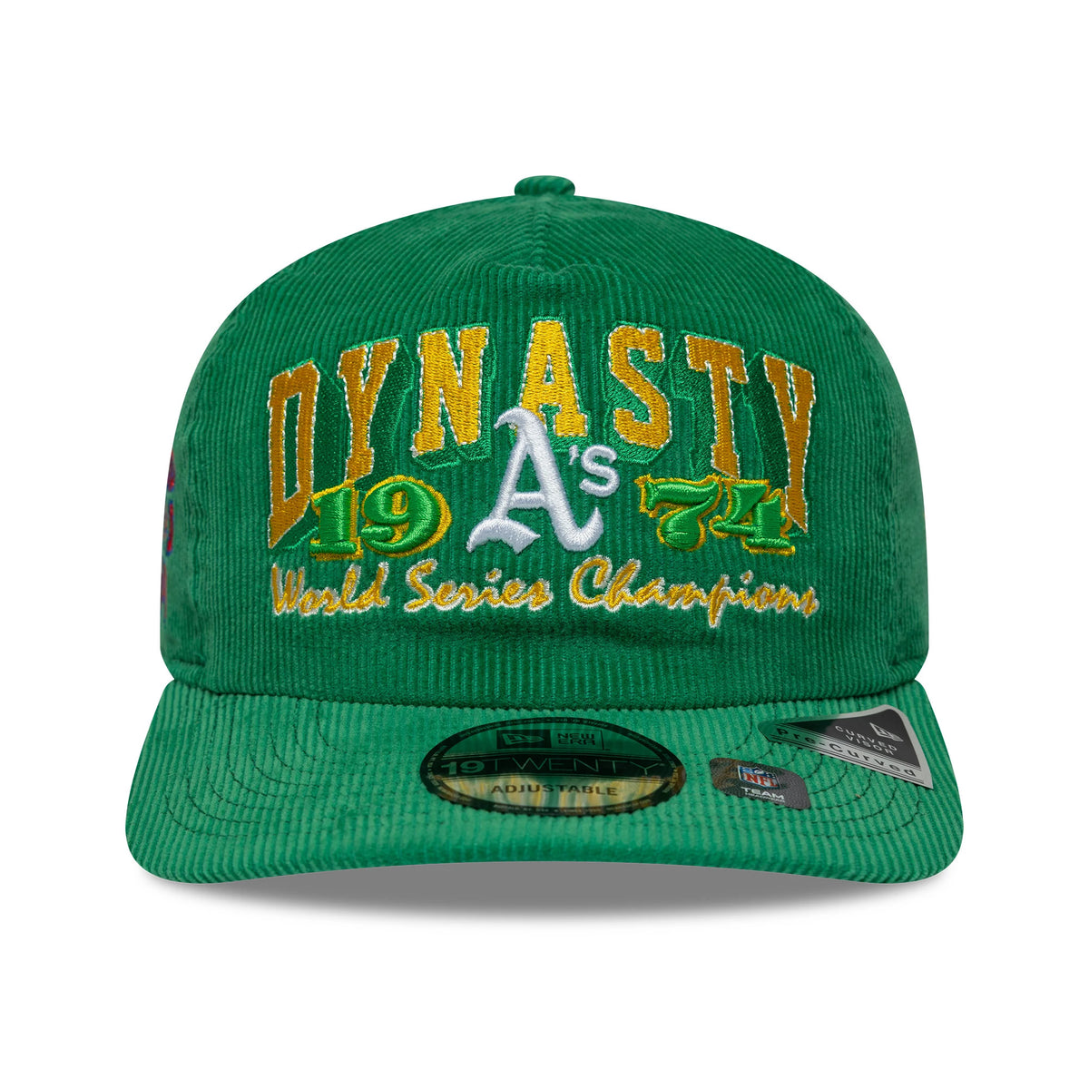 Athletics MLB Retro Dynasty Cord Green New Era 19TWENTY Adjustable Cap, front view showing yellow DYNASTY and 1974 embroidery, white A's logo and World Series Champions script on the crown, with a green corded visor and 19TWENTY size sticker.