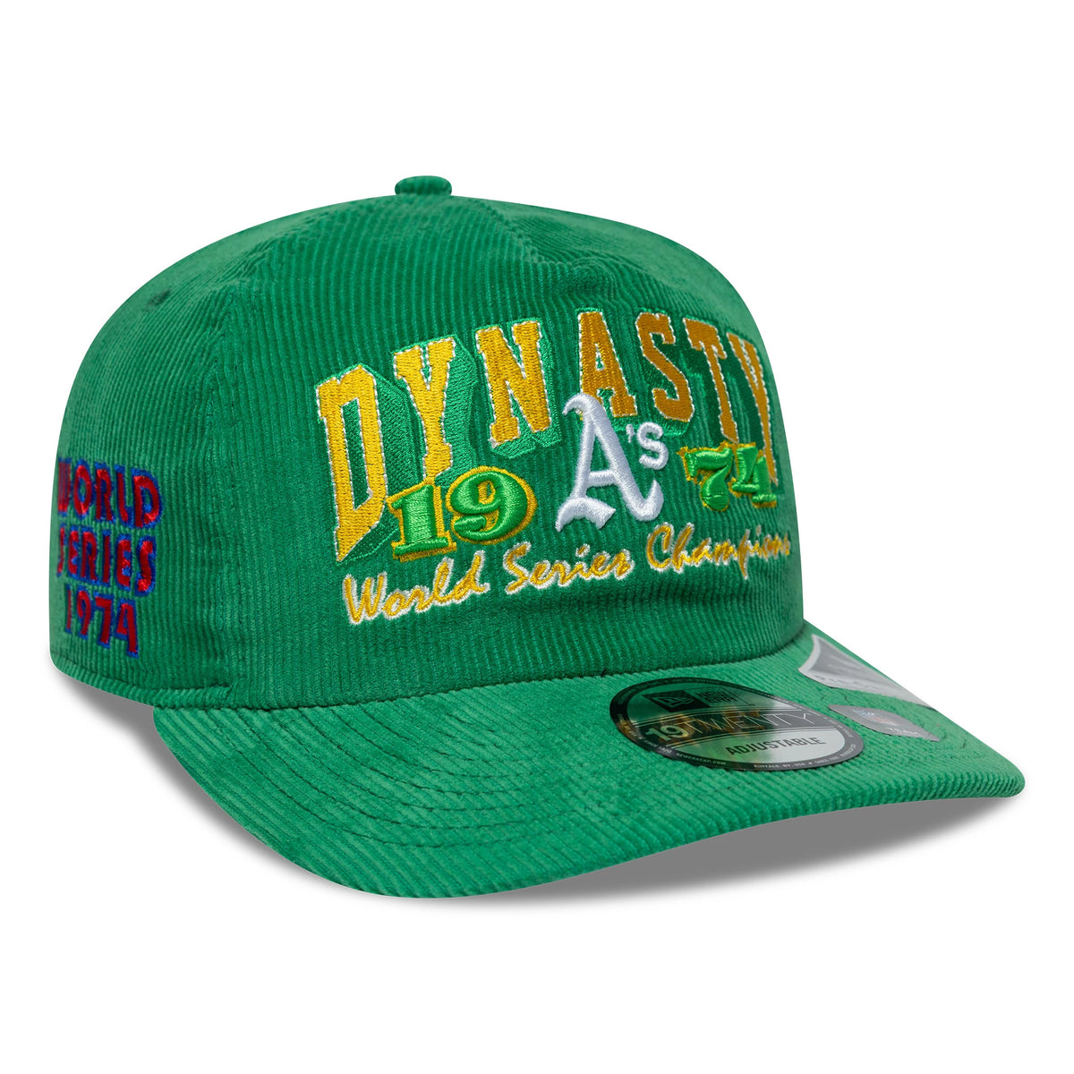 Athletics MLB Retro Dynasty Cord Green New Era 19TWENTY Adjustable Cap, front view showing raised embroidered text in yellow and white with green and white accents, a curved green visor, and the 19TWENTY size sticker placed on the visor.
