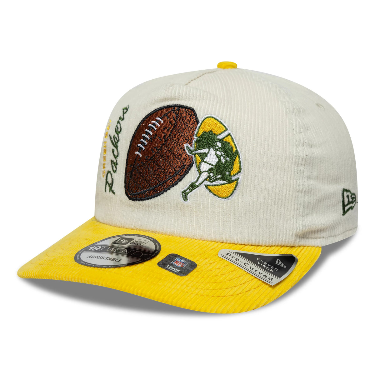 Green Bay Packers NFL Retro Dynasty Cream & Yellow New Era 19TWENTY Adjustable Cap, front view showing a detailed embroidered Packers logo on the cream front panels, contrasted by a vivid yellow visor with a 19TWENTY size sticker.