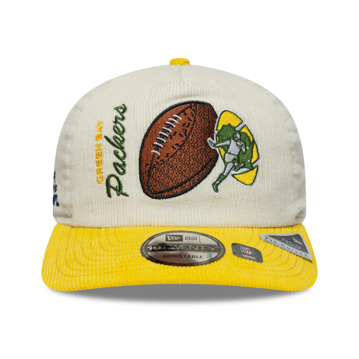 Green Bay Packers NFL Retro Dynasty Cream & Yellow New Era 19TWENTY Adjustable Cap, front view showing a raised brown football and player graphic on the cream crown, with Green Bay Packers lettering, and a yellow visor with a 19TWENTY size sticker.