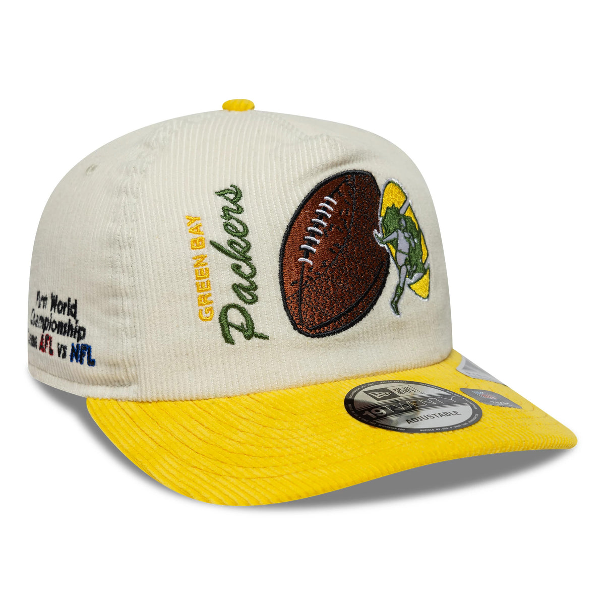 Green Bay Packers NFL Retro Dynasty Cream & Yellow New Era 19TWENTY Adjustable Cap, front view showing embroidered football and team mascot on the cream crown, with green and yellow Packers lettering, yellow visor, and 19TWENTY size sticker.