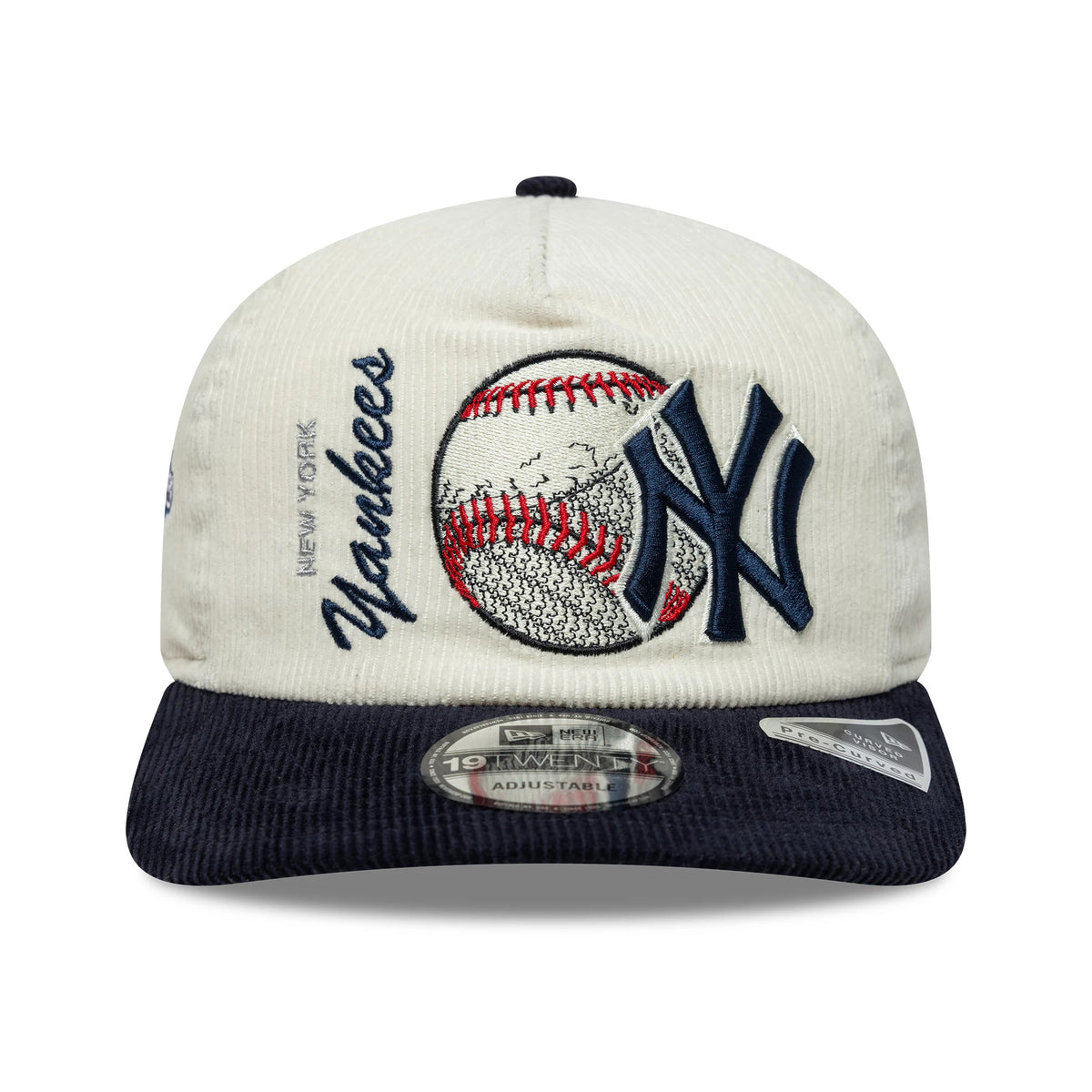 New York Yankees MLB Retro Dynasty Cream & Navy New Era 19TWENTY Adjustable Cap, front view showing a large embroidered baseball graphic with navy NY logo and Yankees script on the cream crown, navy visor with 19TWENTY size sticker on top.