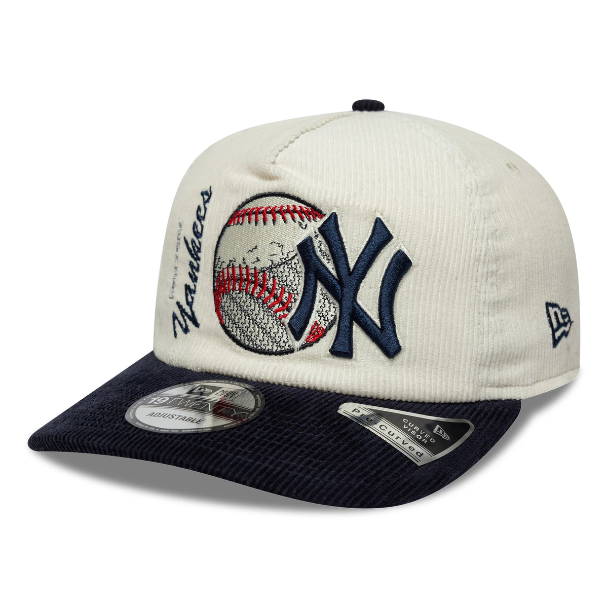 New York Yankees MLB Retro Dynasty Cream & Navy New Era 19TWENTY Adjustable Cap, front view showing the raised navy NY logo with baseball embroidery on the cream crown, navy curved visor, and 19TWENTY size sticker on the visor.
