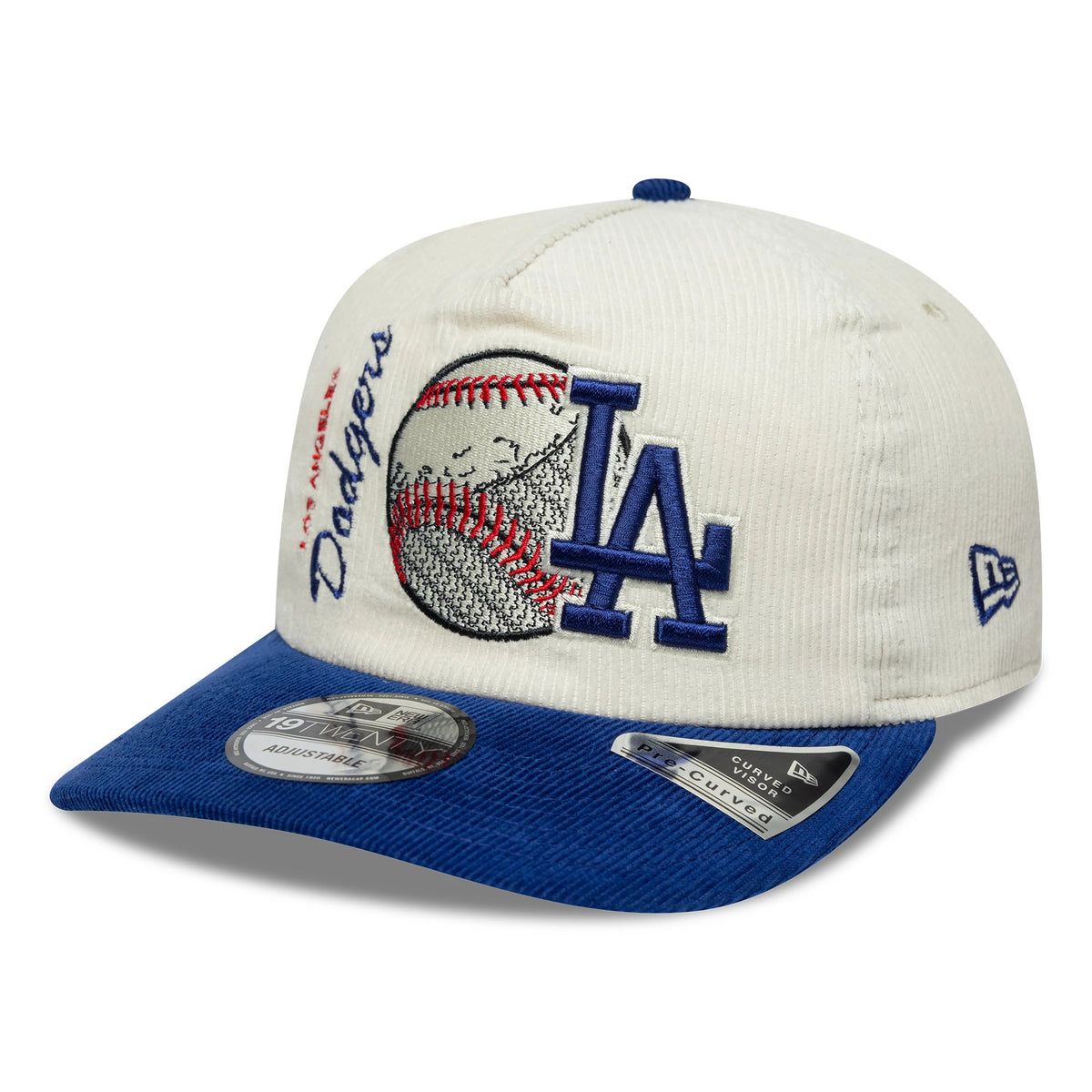 LA Dodgers MLB Retro Dynasty Cord Cream & Blue New Era 19TWENTY Adjustable Cap, three-quarter view showing the raised blue LA logo and black-and-red embroidered baseball graphic on the front panel, with a royal blue corduroy visor.