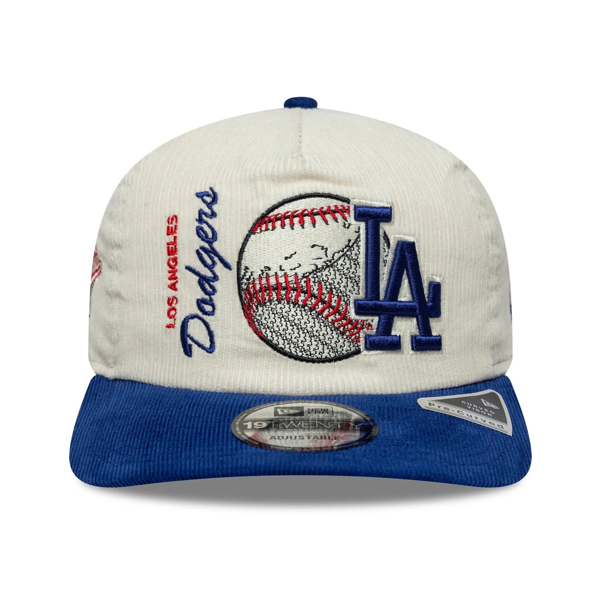 LA Dodgers MLB Retro Dynasty Cord Cream & Blue New Era 19TWENTY Adjustable Cap, front view showing the large embroidered LA logo and baseball design on the cream cord front panel, with a contrasting blue visor featuring the 19TWENTY size sticker.