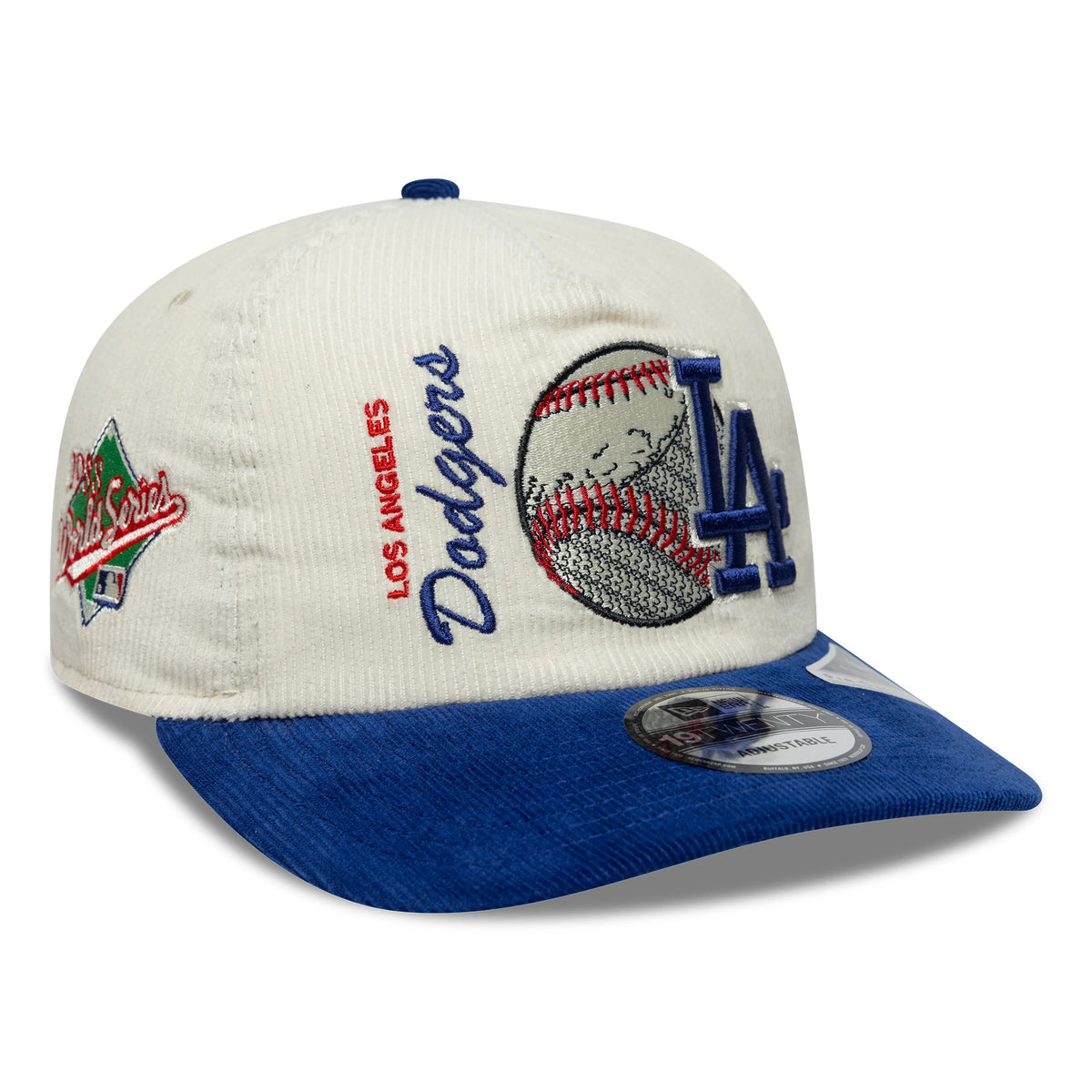 LA Dodgers MLB Retro Dynasty Cord Cream & Blue New Era 19TWENTY Adjustable Cap, front view showing a large blue and red embroidered LA Dodgers logo with a baseball graphic on cream panels, blue visor, and the 19TWENTY size sticker.