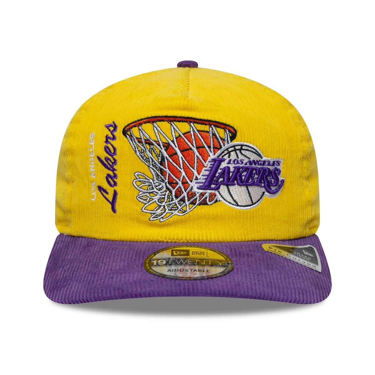 LA Lakers NBA Retro Dynasty Cord Yellow & Purple New Era 19TWENTY Adjustable Cap, front view showing the intricately embroidered basketball and hoop graphic on the yellow crown, with a contrasting purple visor and 19TWENTY size sticker.
