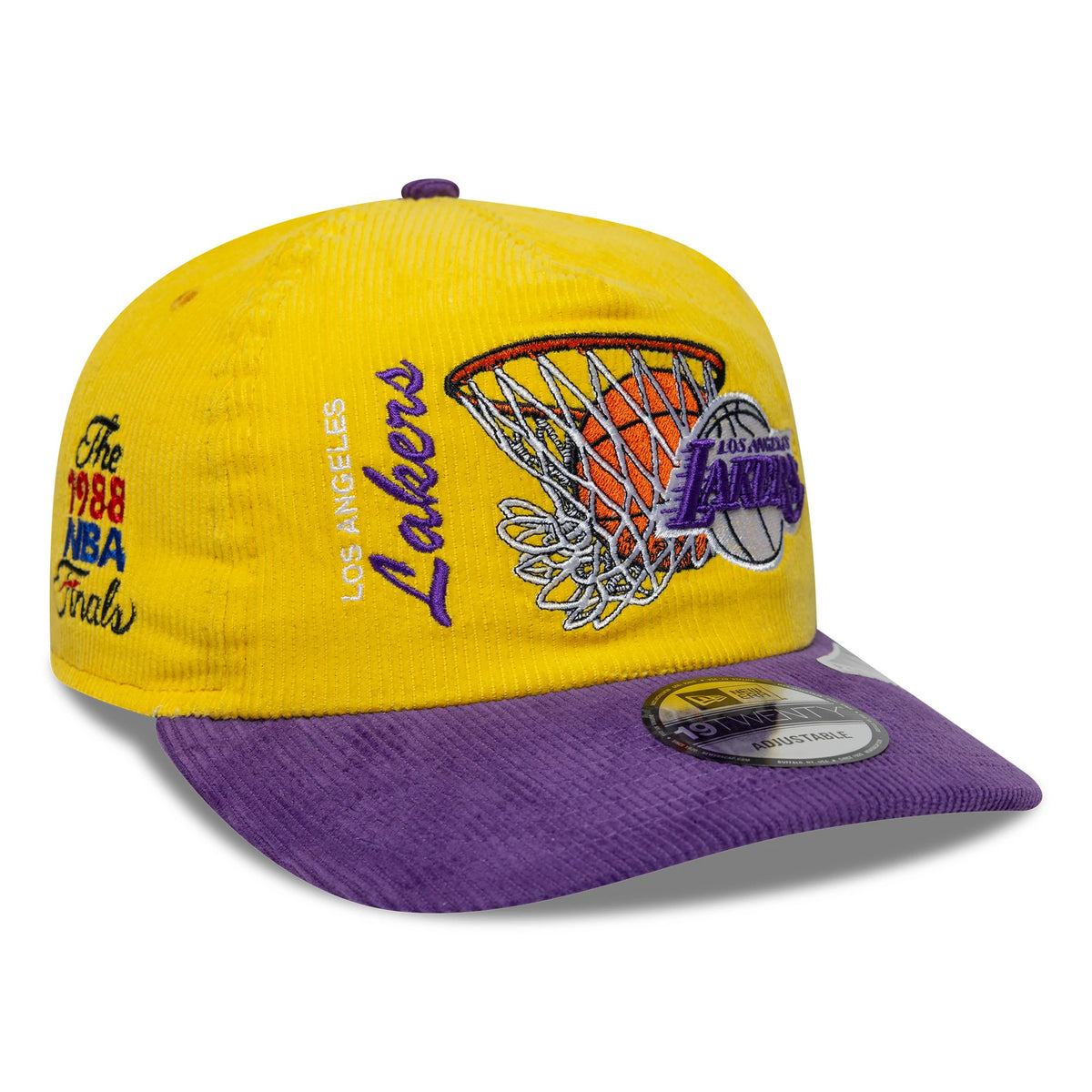 LA Lakers NBA Retro Dynasty Cord Yellow & Purple New Era 19TWENTY Adjustable Cap, three-quarter view showing a detailed embroidered basketball net graphic with the Lakers logo on the yellow crown, and a purple visor with a 19TWENTY size sticker.