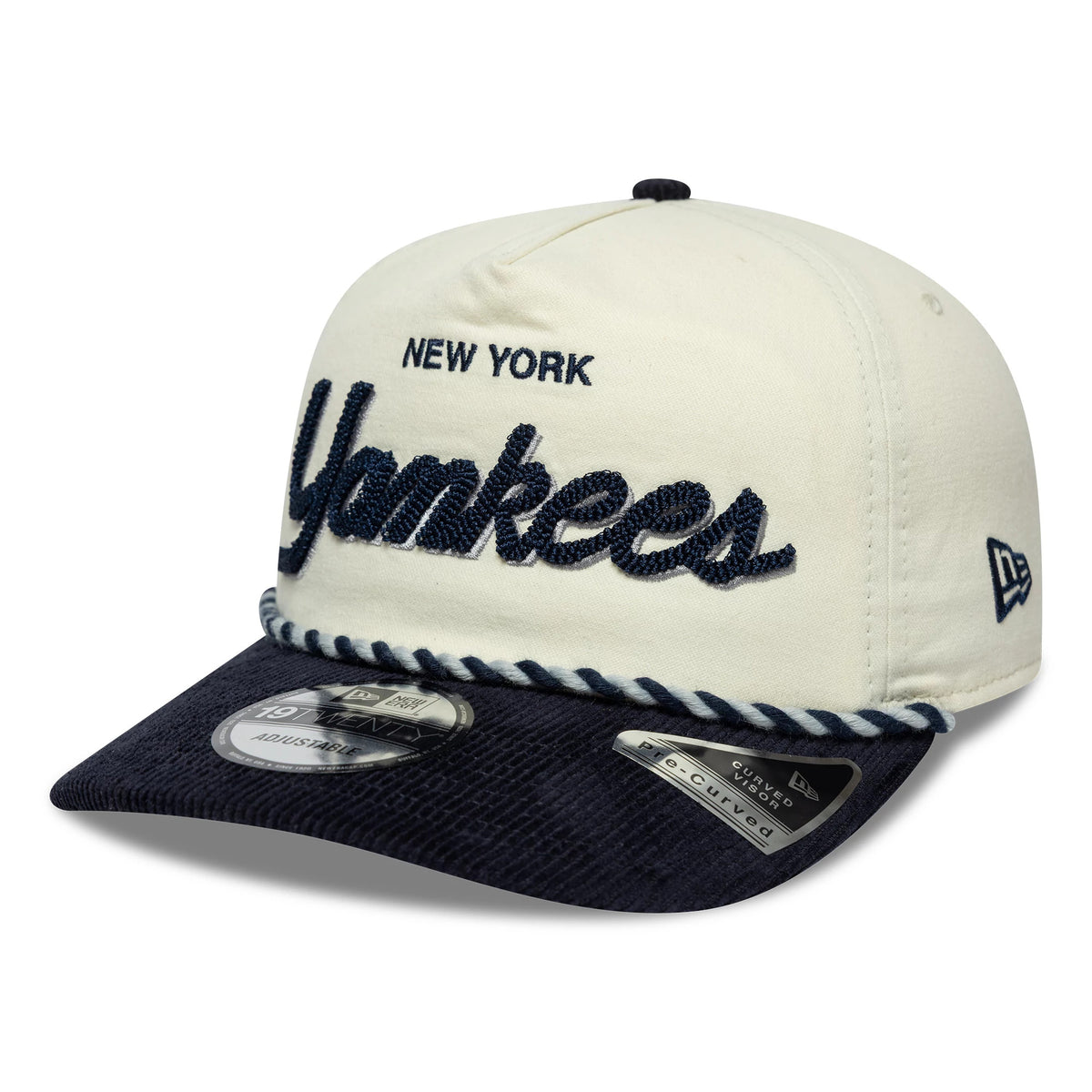 New York Yankees MLB Retro Dynasty Cream & Navy New Era 19TWENTY Adjustable Cap, front view showing raised navy Yankees script embroidery and New York text on a cream crown, navy rounded visor with 19TWENTY size sticker.