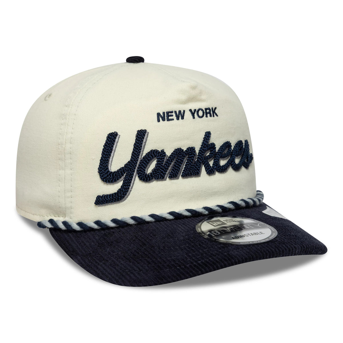 New York Yankees MLB Retro Dynasty Cream & Navy New Era 19TWENTY Adjustable Cap, three-quarter view showing raised navy Yankees script embroidery on the cream front panel, with a navy visor featuring a 19TWENTY size sticker.