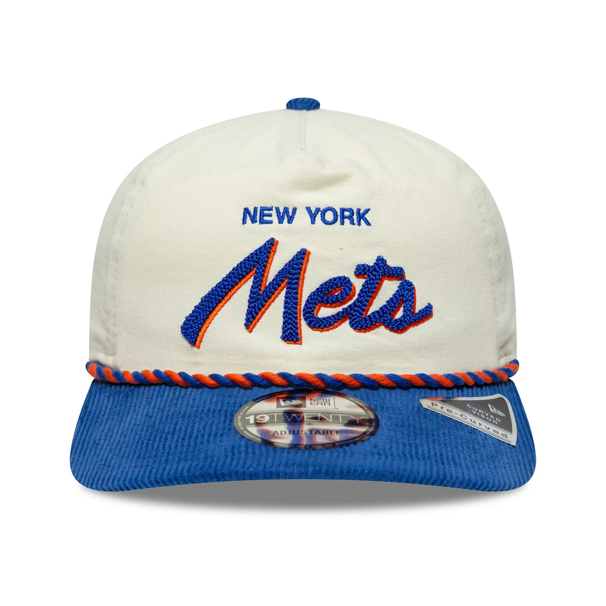 New York Mets MLB Retro Dynasty Cord Cream & Blue New Era 19TWENTY Adjustable Cap, front view showing the blue and orange embroidered Mets script logo on the cream front panel, with a blue corduroy visor and a twisted rope detail across the crown.