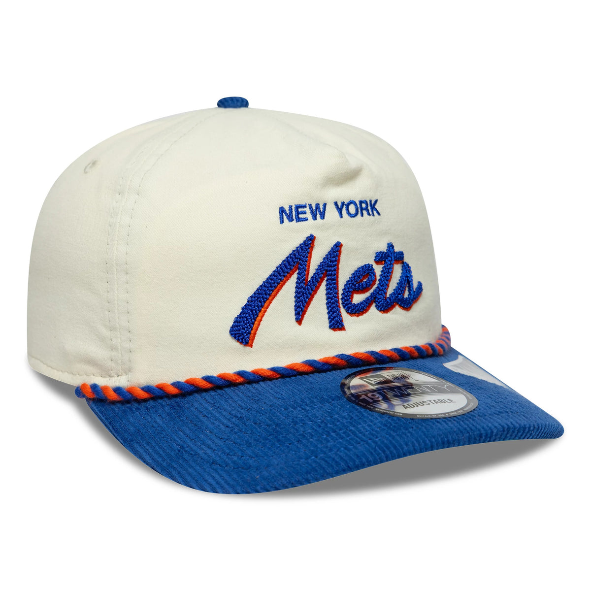 New York Mets MLB Retro Dynasty Cord Cream & Blue New Era 19TWENTY Adjustable Cap, front view showing blue and orange Mets script embroidered on the cream crown, a blue corduroy visor with an orange and blue braided trim, and a 19TWENTY size sticker.