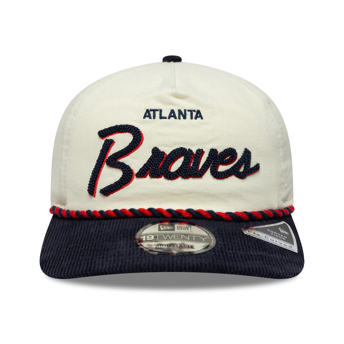 Atlanta Braves MLB Retro Dynasty Cream & Navy New Era 19TWENTY Adjustable Cap, front view showing raised navy and red embroidered Braves script on the cream front panel, with a navy corduroy visor, red and navy decorative rope.
