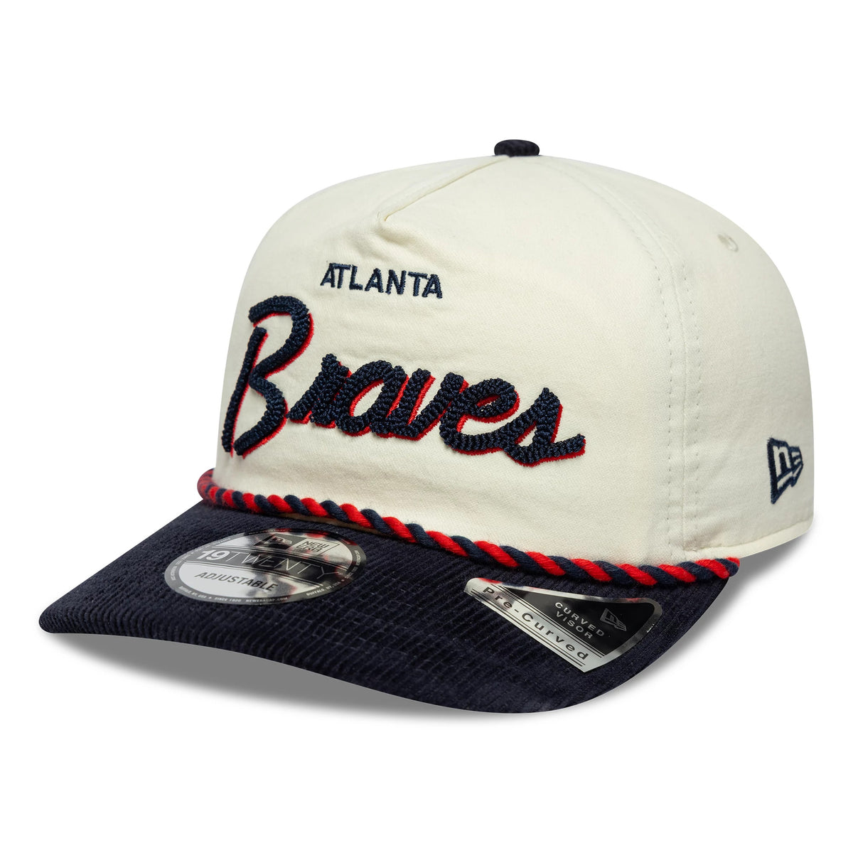 Atlanta Braves MLB Retro Dynasty Cream & Navy New Era 19TWENTY Adjustable Cap, three-quarter view showing the navy and red raised embroidered Braves logo on the cream front panel, navy corded visor with a 19TWENTY size sticker.