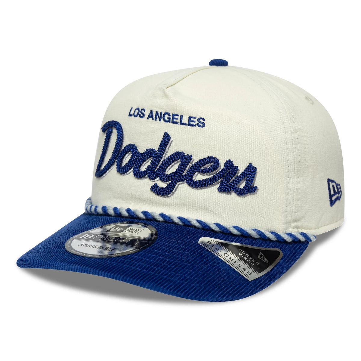 LA Dodgers MLB Retro Dynasty Cord Cream & Blue New Era 19TWENTY Adjustable Cap, front view showing the blue embroidered Dodgers script and Los Angeles text on the cream front panels, with a matching contrast rope trim above the blue cord visor.