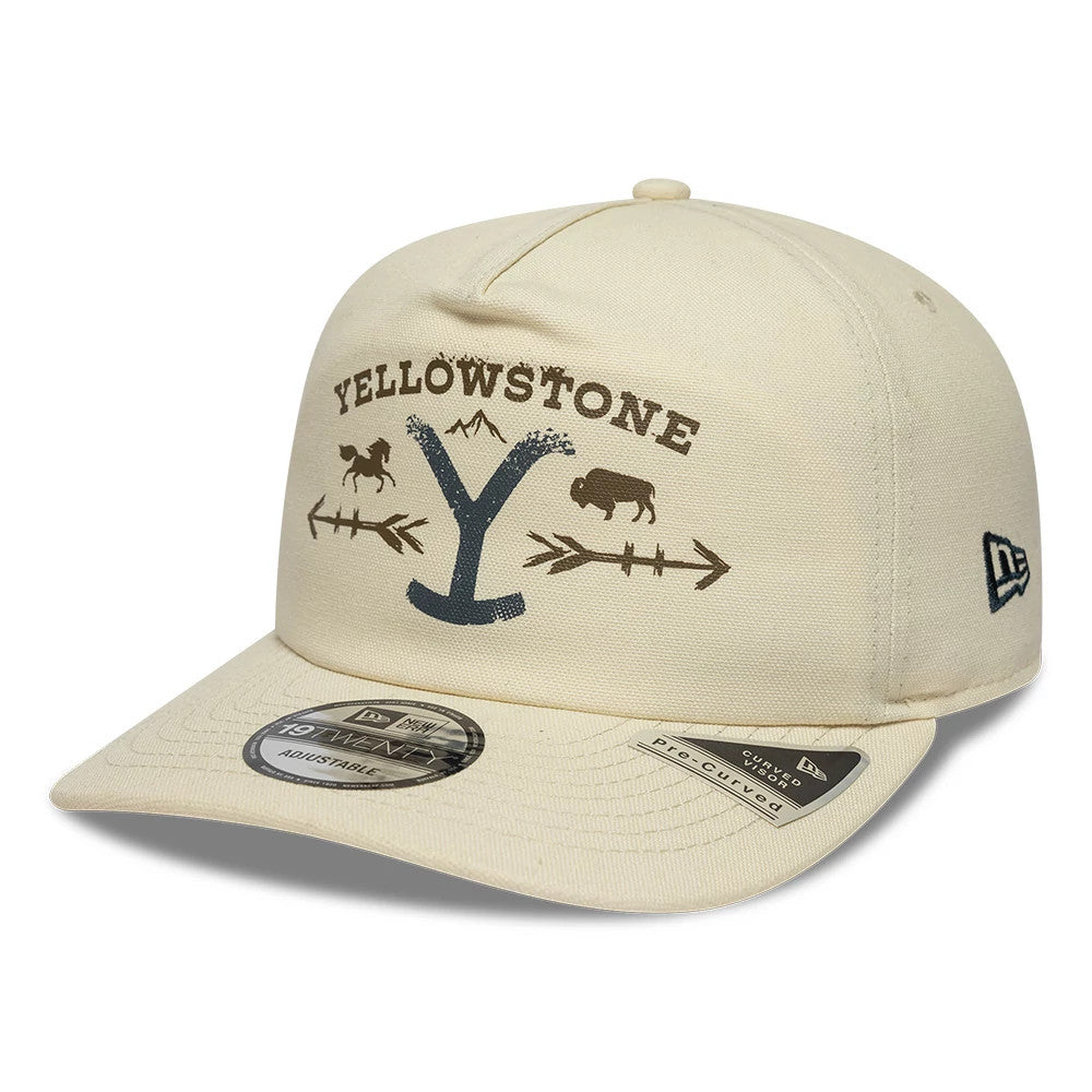 Paramount Yellowstone Light Beige New Era 19TWENTY Adjustable Cap, front view showing the brown embroidered Yellowstone logo with mountain, horse, buffalo, and arrow graphics on the structured beige crown, with a flat beige visor and size sticker.