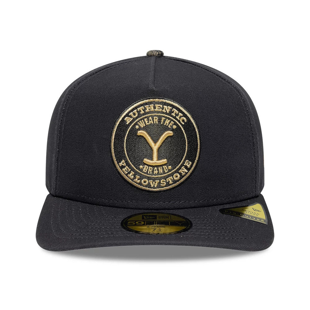 Yellowstone Black New Era 59FIFTY A-Frame Fitted Cap, front view showing a raised gold embroidered circular Yellowstone logo with the text AUTHENTIC WEAR THE BRAND, on a structured black crown with a flat black visor and gold 59FIFTY size sticker.