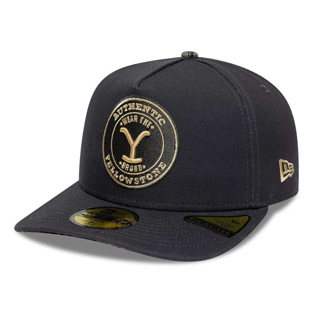 Yellowstone Black New Era 59FIFTY A-Frame Fitted Cap, three-quarter view showing the gold embroidered Yellowstone logo on the black front panel, a 59FIFTY size sticker on the flat visor, and New Era flag logo on the left side.