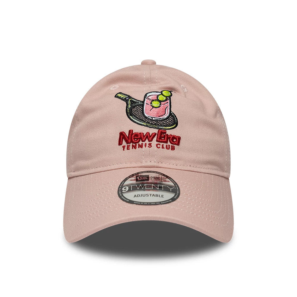 New Era Tennis Club Pastel Pink 9TWENTY Adjustable Cap, front view showing a detailed embroidered tennis racket and drink graphic with New Era Tennis Club lettering on the front panel, pre-curved visor, and 9TWENTY size sticker.