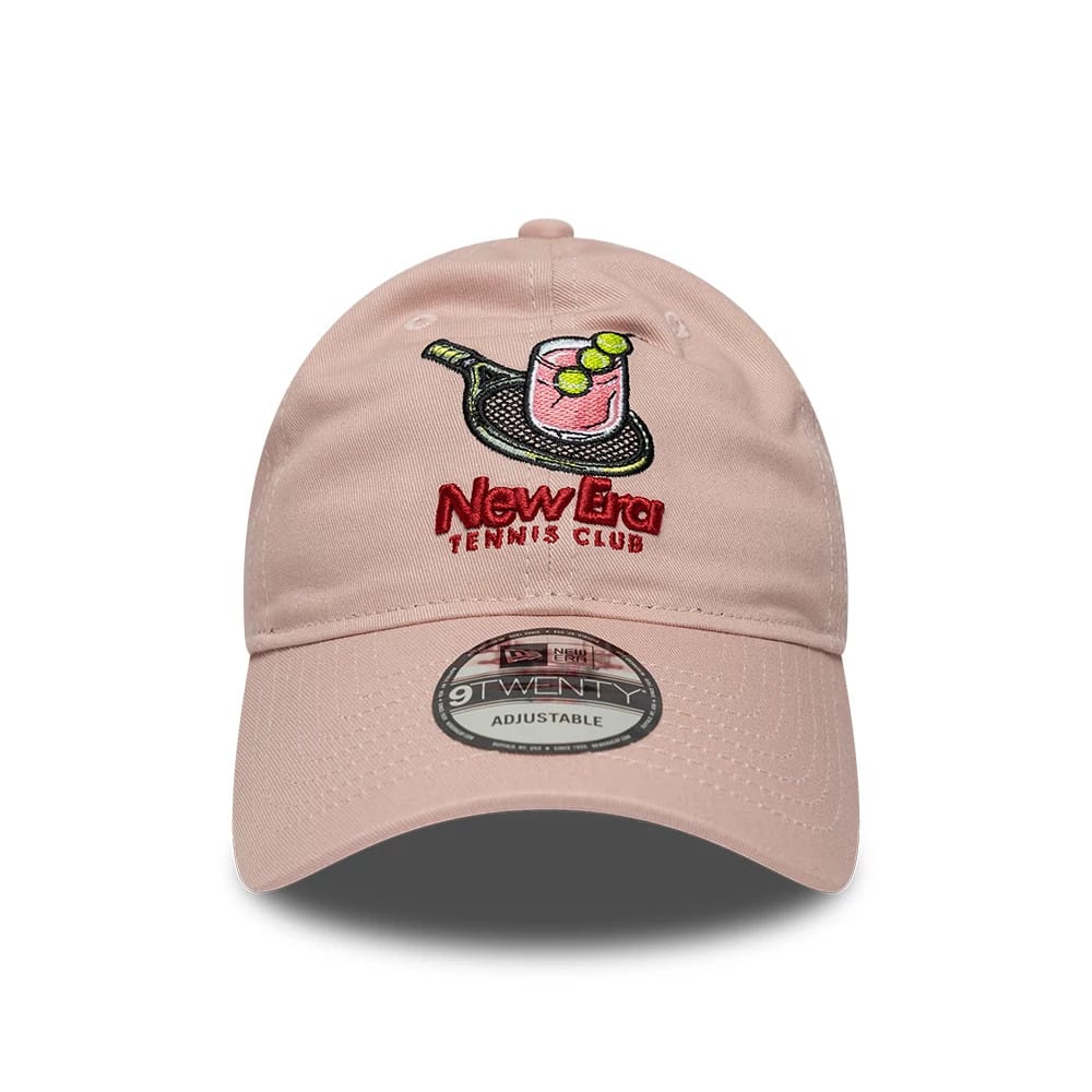 New Era Tennis Club Pastel Pink 9TWENTY Adjustable Cap, front view showing a detailed embroidered tennis racket and drink graphic with New Era Tennis Club lettering on the front panel, pre-curved visor, and 9TWENTY size sticker.