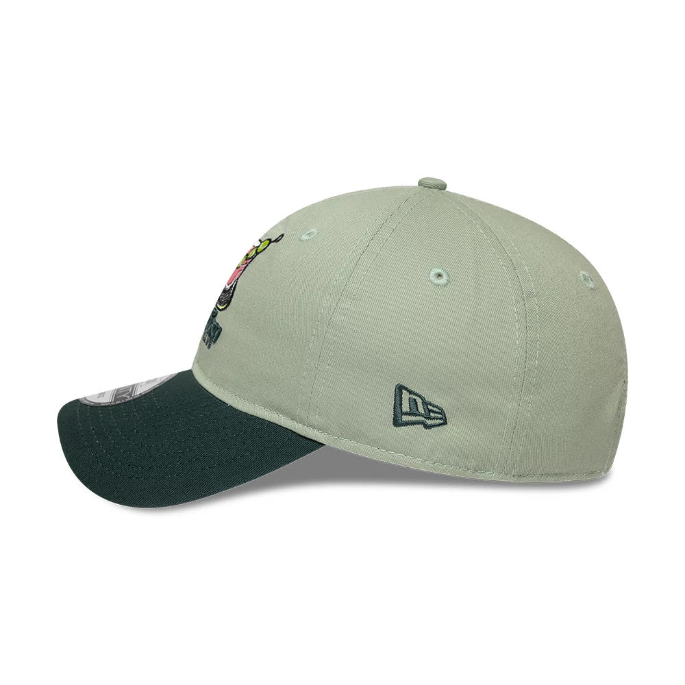 New Era Tennis Club Pastel Green 9TWENTY Adjustable Cap, side view showing the dark green New Era flag logo embroidered on the left side, a dark green curved visor, and a detailed front panel graphic partially from the side.