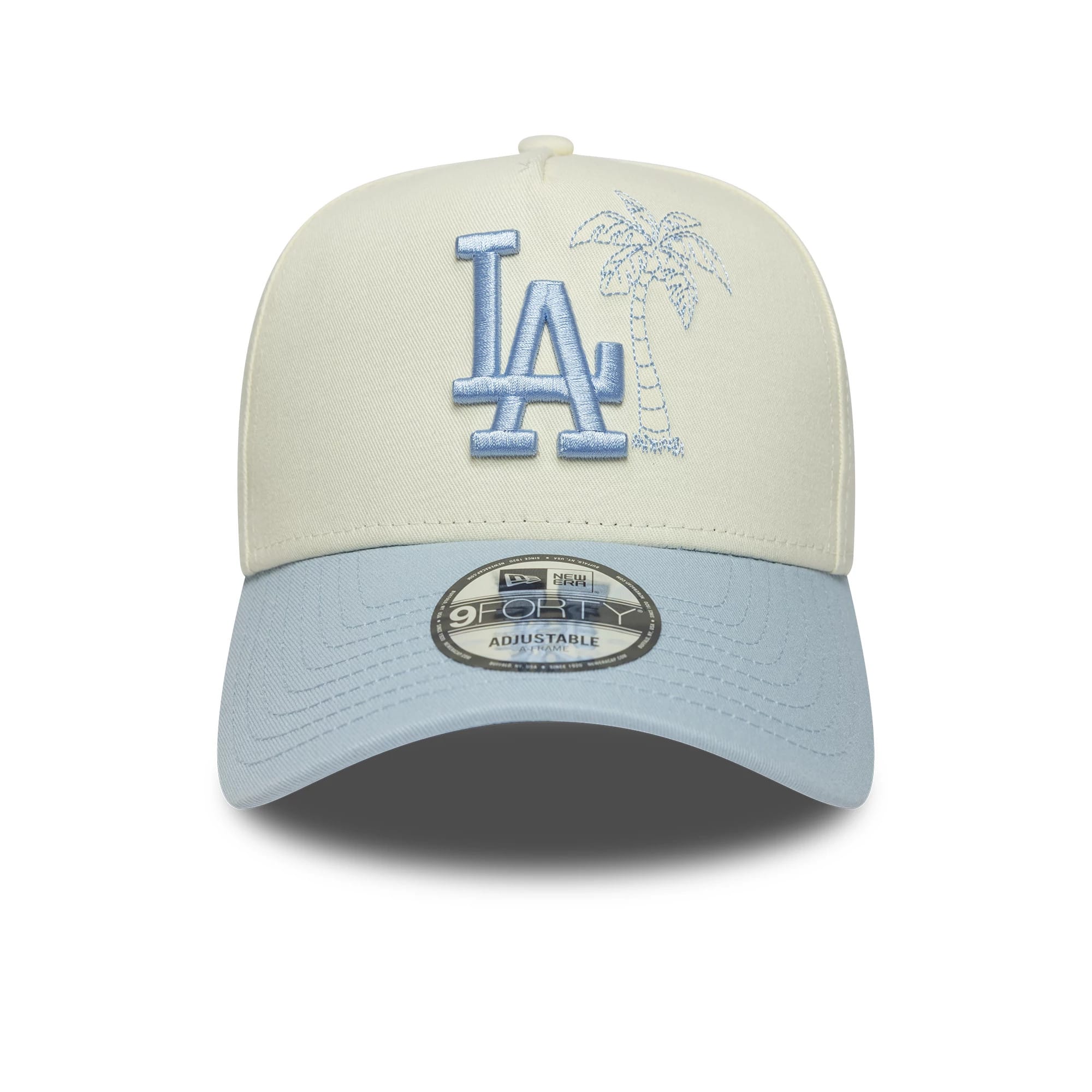 Pictured is this MLB Palm LA Dodgers 9FORTY A-Frame cap in white & blue. 2