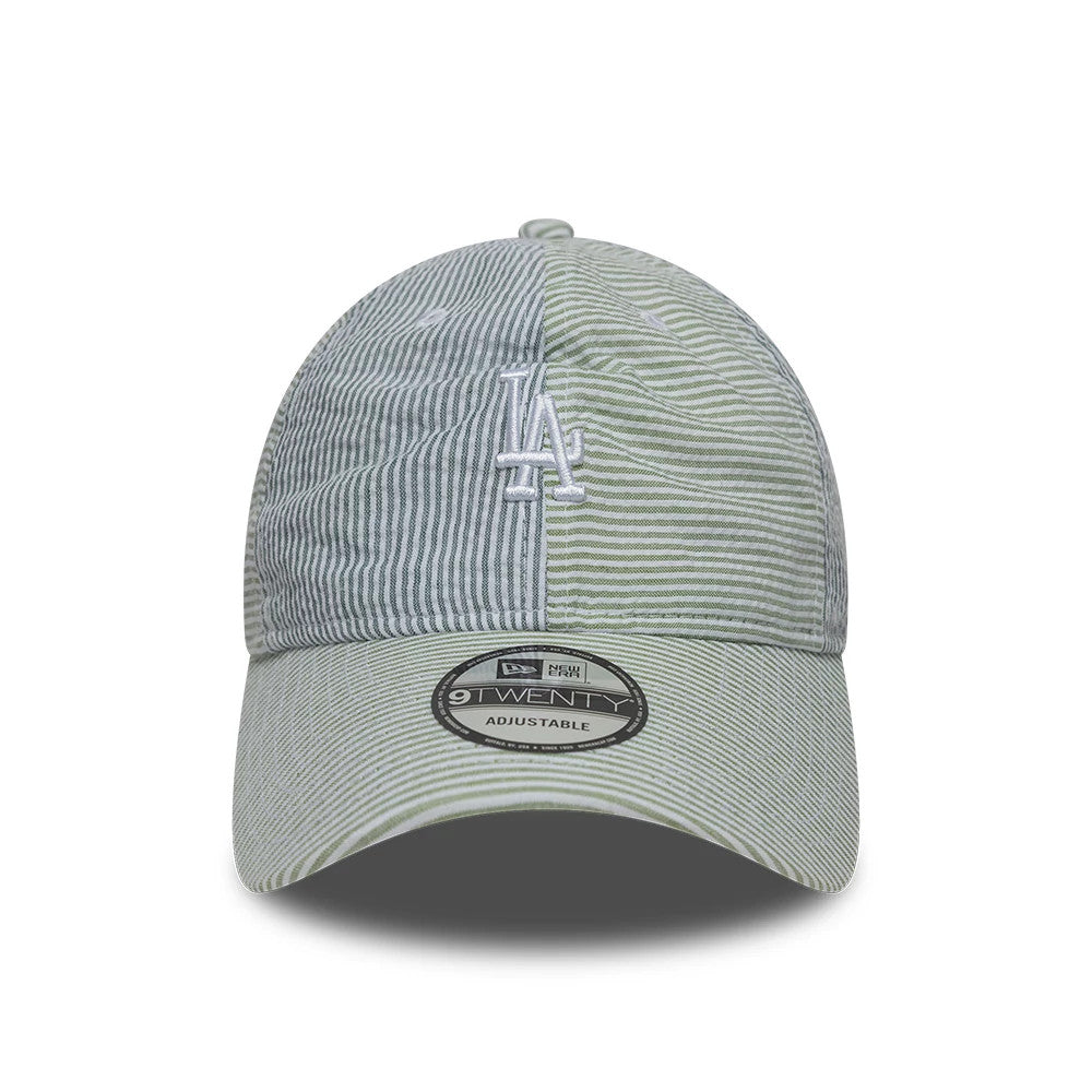 LA Dodgers MLB Stripe Green & Blue New Era 9TWENTY Adjustable Cap, front view showing a white embroidered LA logo centred on a pinstripe design, with a slightly curved visor and a 9TWENTY size sticker on the cap's visor.