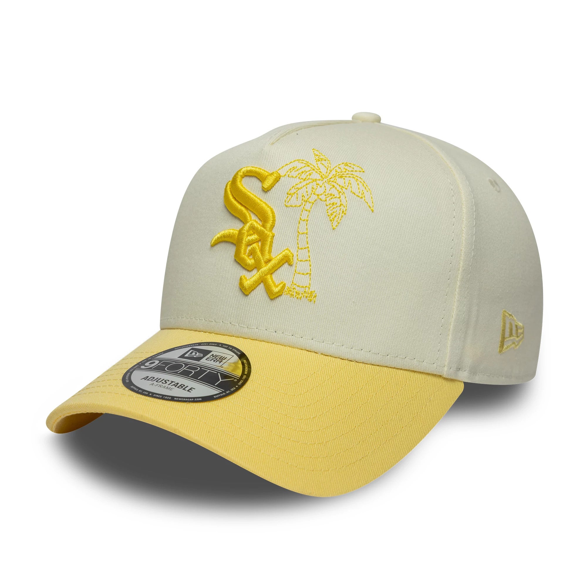 Pictured is this MLB Palm Chicago White Sox 9FORTY A-Frame cap in white & yellow. 1