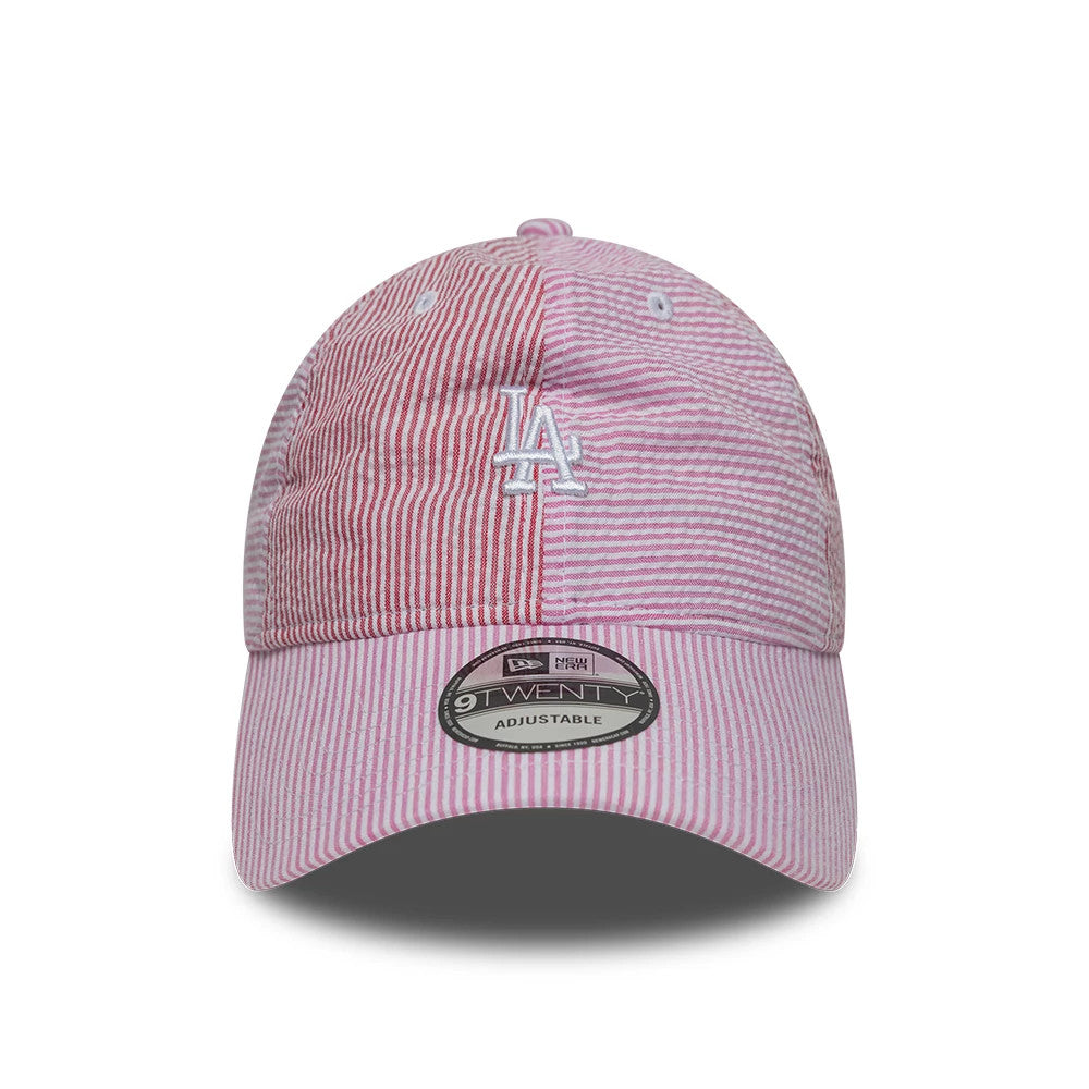 LA Dodgers MLB Stripe Red & Pink New Era 9TWENTY Adjustable Cap, front view showing the white embroidered LA logo on the structured red and pink striped crown, a curved visor with matching stripe pattern, and a 9TWENTY size sticker on the visor.