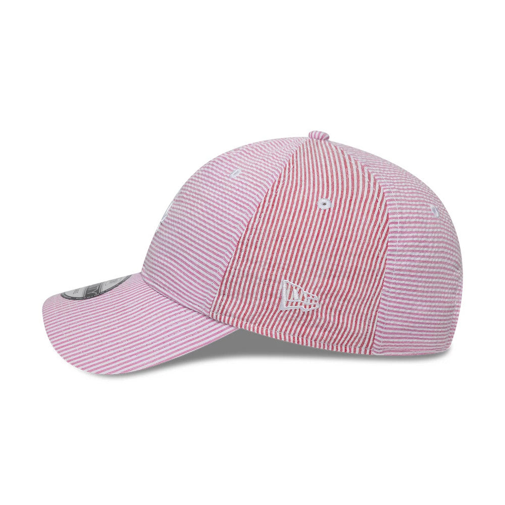 LA Dodgers MLB Stripe Red & Pink New Era 9TWENTY Adjustable Cap, side view showing the embroidered New Era flag logo on the left side in white, with a curved striped visor and a 9TWENTY size sticker on the top of the visor.