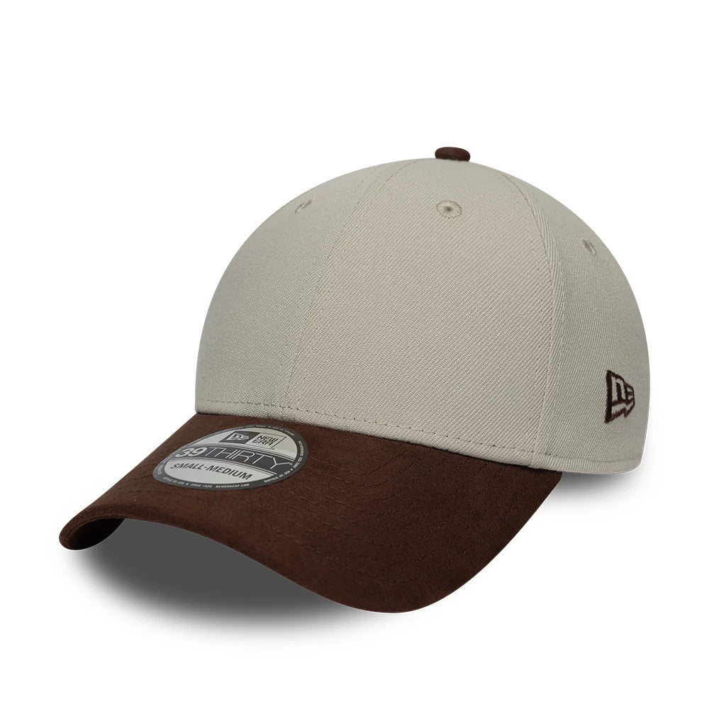 Pictured is this New Era Suede Visor 39THIRTY Stretch Fit cap in light beige. 1