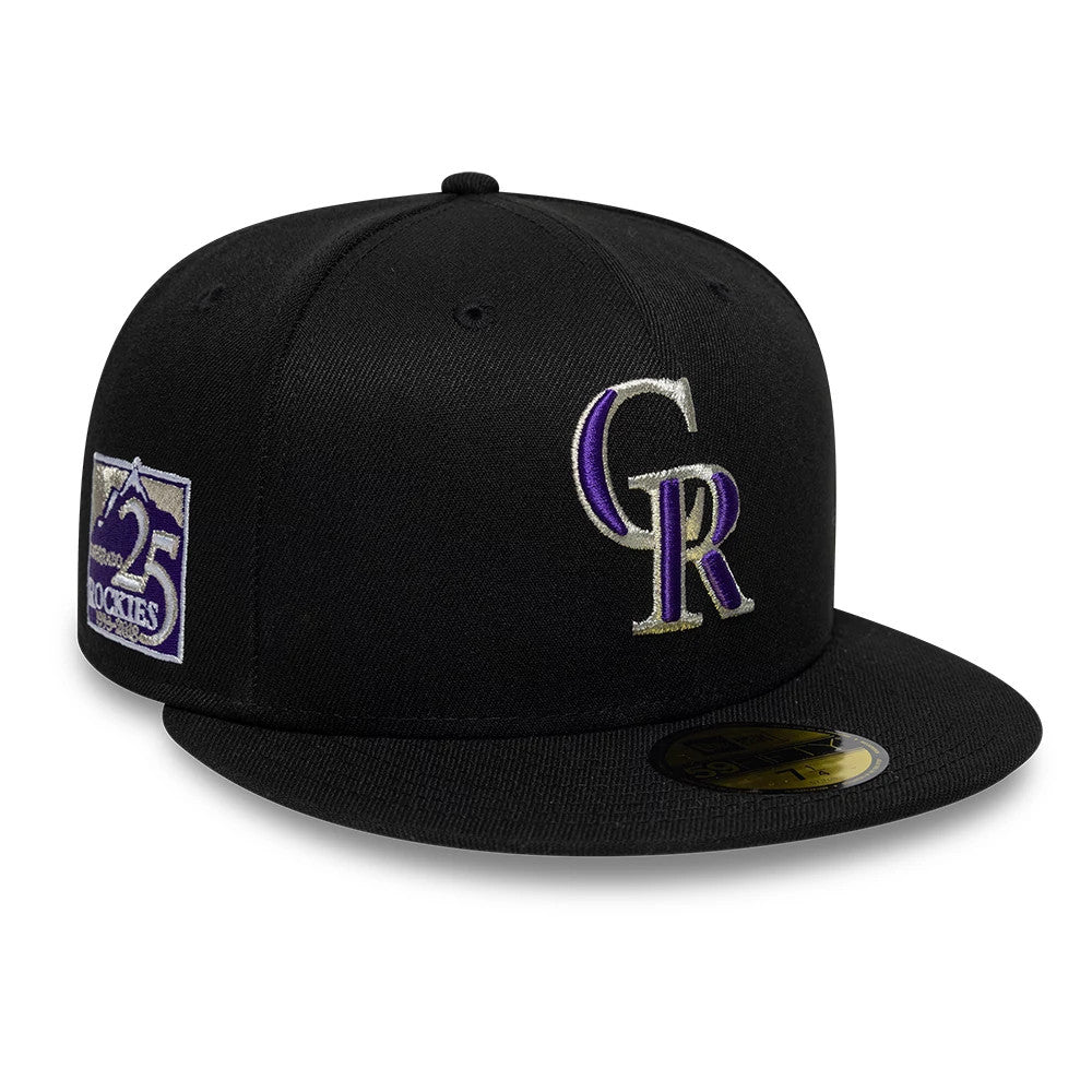 Colorado Rockies MLB Cooperstown Black New Era 59FIFTY Fitted Cap, three-quarter view showing the purple and white CR logo embroidered on the front panel, a commemorative 25th-anniversary patch on the right side.
