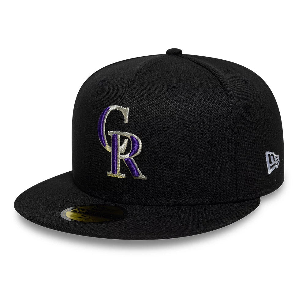 Colorado Rockies MLB Cooperstown Black New Era 59FIFTY Fitted Cap, three-quarter view showing the raised embroidered silver and purple CR logo on the front panel, paired with a flat black visor and a gold 59FIFTY size sticker.