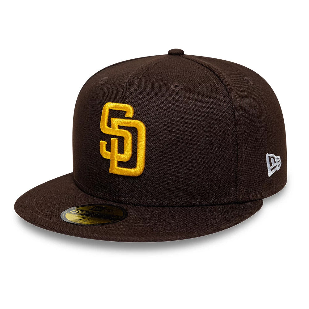San Diego Padres MLB Cooperstown Dark Brown New Era 59FIFTY Fitted Cap, front view showing the raised yellow SD logo in embroidery on the front panel, a flat dark brown visor with a gold 59FIFTY size sticker.