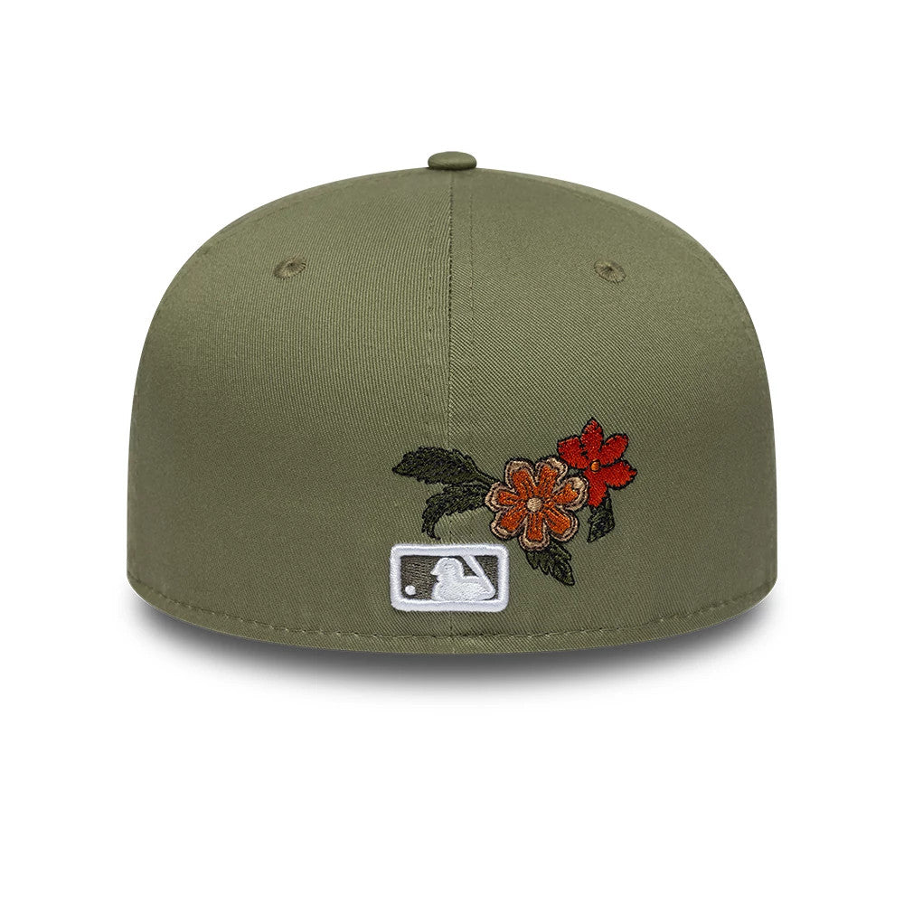 LA Dodgers MLB Floral Dark Green New Era 59FIFTY Fitted Cap, rear view showing the embroidered MLB Batterman logo at the centre of the back and floral embroidery to the right on the dark green structured crown.