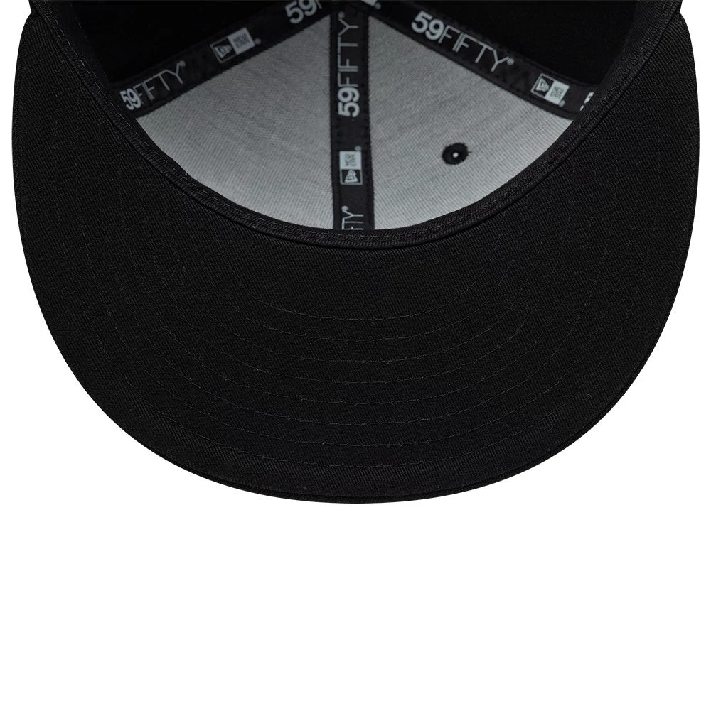 New Era Spider Pin Chain Black 59FIFTY Fitted Cap, inside view showing black branded taping along the seams, a grey undervisor, and a black sweatband, highlighting the structured design and quality craftsmanship of the cap's interior.
