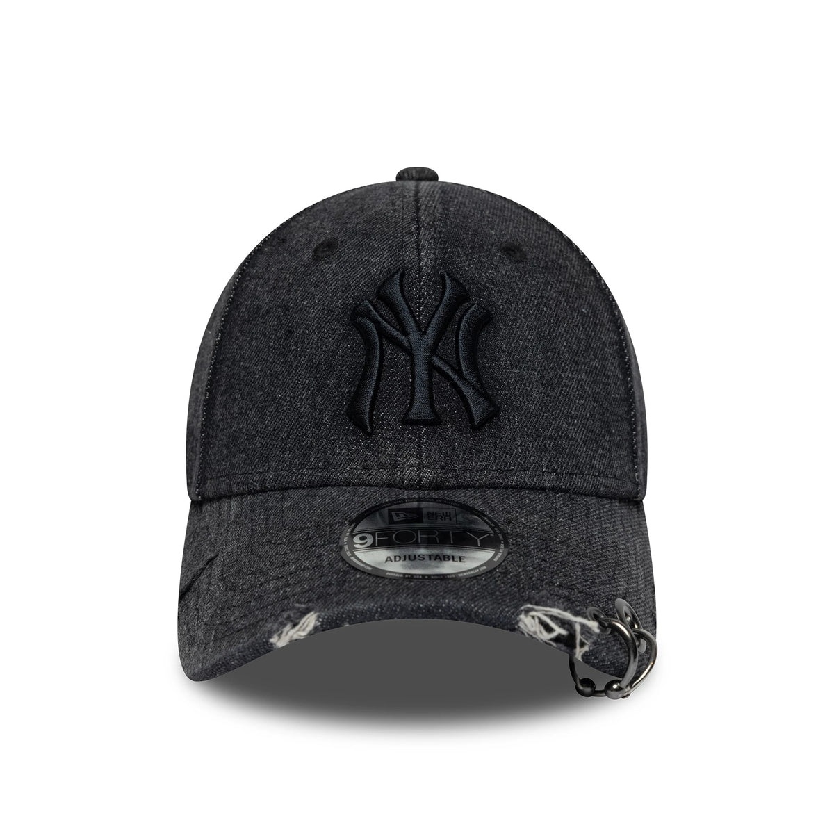 New York Yankees MLB Hardware Black New Era 9FORTY Adjustable Denim Cap, front view showing the black raised embroidered NY logo on the crown, a 9FORTY size sticker on the curved visor, and hardware detail on the distressed edge.