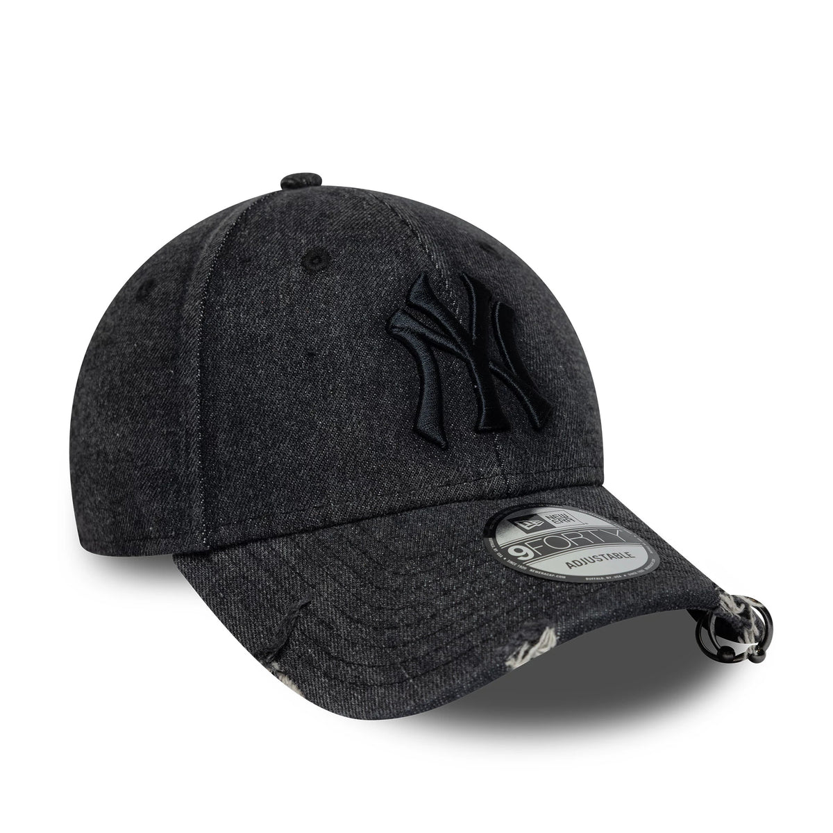 New York Yankees MLB Hardware Black New Era 9FORTY Adjustable Denim Cap, three-quarter view showing the raised black embroidered NY logo on the front panel, a pre-curved denim visor with a 9FORTY size sticker, and distressed on the edge.