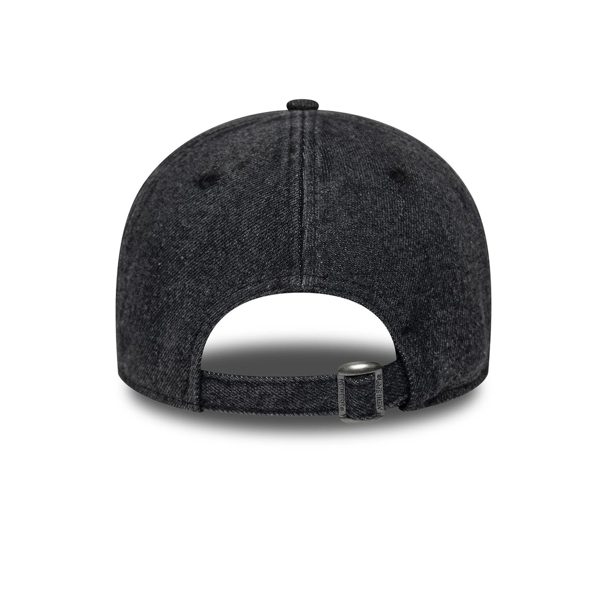 New York Yankees MLB Hardware Black New Era 9FORTY Adjustable Denim Cap, rear view showing a buckle closure in the centre of the back opening, with a black denim finish and embroidered eyelets on the crown.